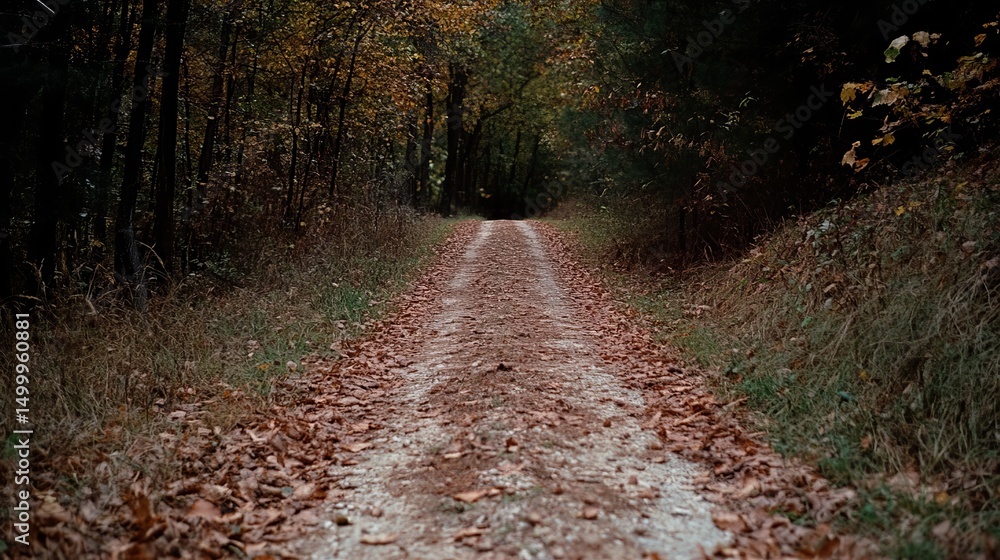 Fototapeta premium Leaf-covered dirt road extends into a dark forest area with dense trees on both sides, exhibiting an autumnal scene.