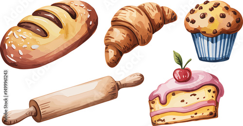 Watercolor illustration of fresh baked goods and baking tools with a slice of cake on white background