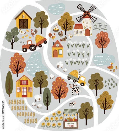 Vector illustration in flat cartoon style. Fun and educational farm map with barn, windmill, animals, tractor, and trees. Isolated on white. Perfect for kids’ posters, games, and learning tools.