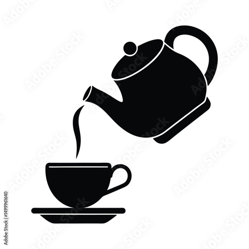 A silhouette teapot pouring tea into a teacup vector art illustration