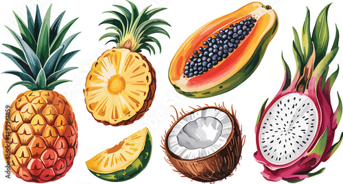 Watercolor illustration of tropical fruits including pineapple papaya dragon fruit and coconut