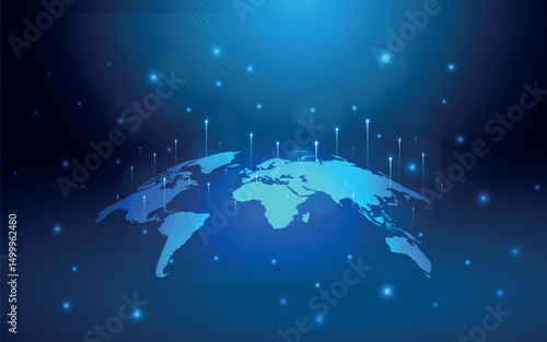 Blue background world map blue dots blue lines