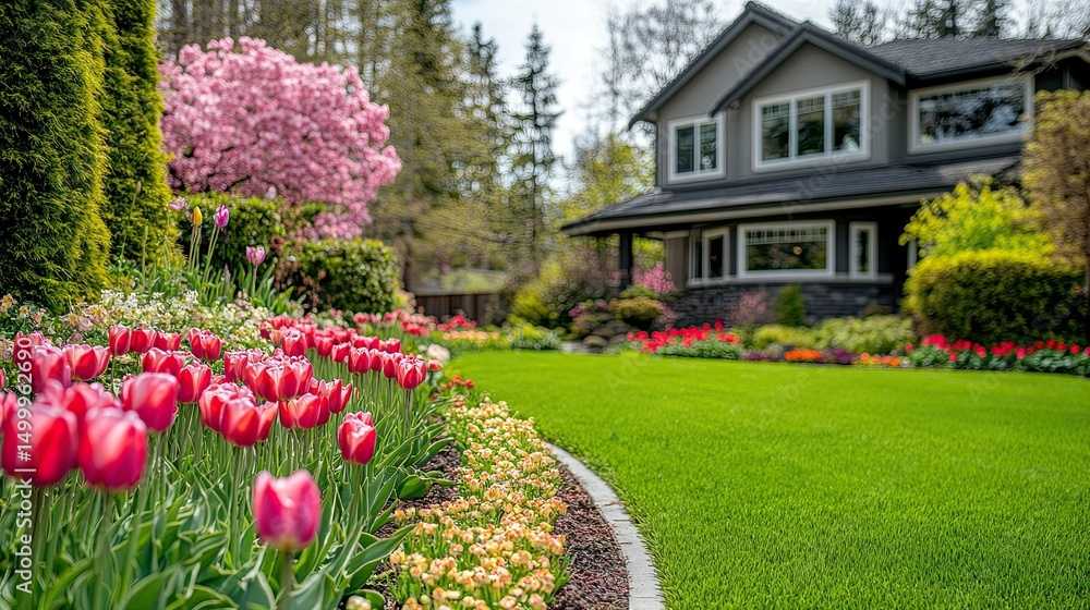 Fototapeta premium Vibrant Tulips in Full Bloom, Swaying in Spring Breeze, Adorning Lush Lawn for Seasonal Yard Design