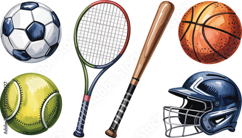 Watercolor illustration of various popular sports equipment with detailed rendering and vibrant colors
