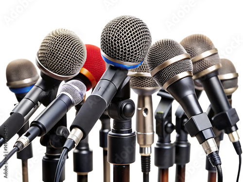 set of microphones ready for the press conference on white background, PNG