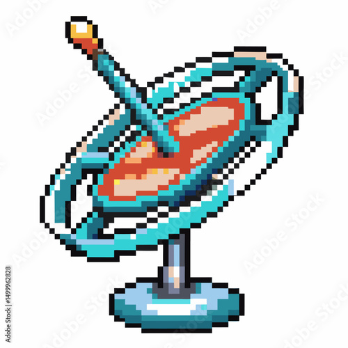 Retro pixel art gyroscope, vintage science toy illustration in blue and red colors