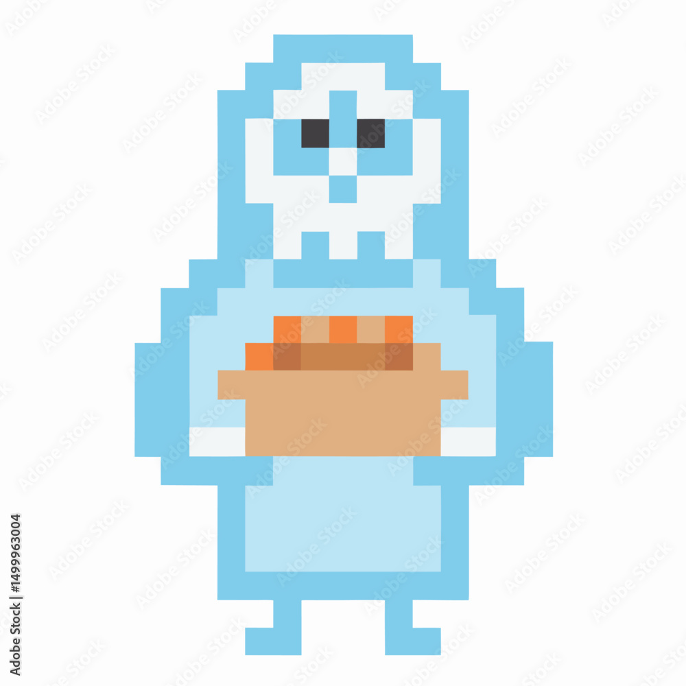 Obraz premium Pixel art owl holding brown box, retro video game style, blue and white bird