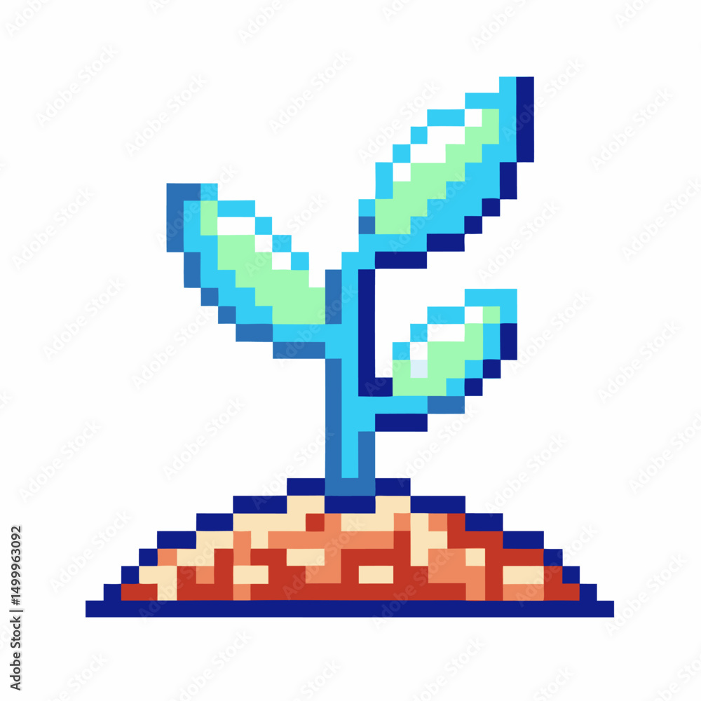 Obraz premium Pixel art seedling plant on soil, 8 bit retro gaming graphic, vibrant digital nature art