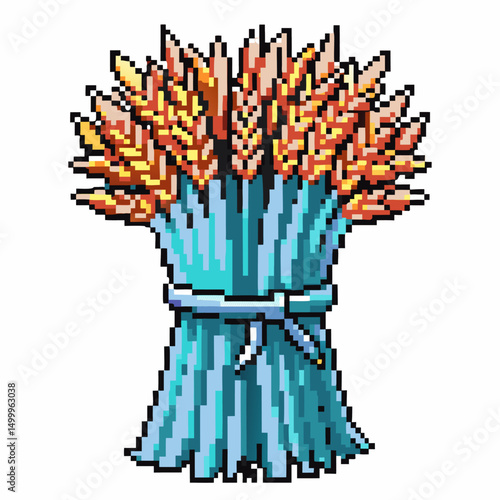 Pixelated bundle of wheat tied with blue ribbon, digital art