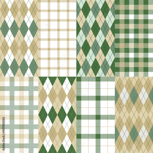 Set of 6  plaid and argyle seamless vector patterns in beige nad green colors
