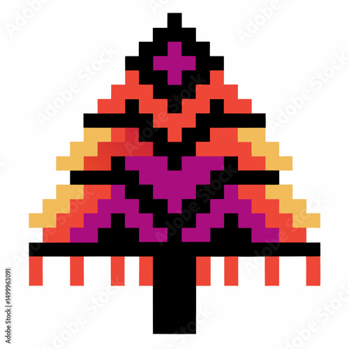 Colorful geometric pixel art tree pattern with vibrant red, orange, purple shades