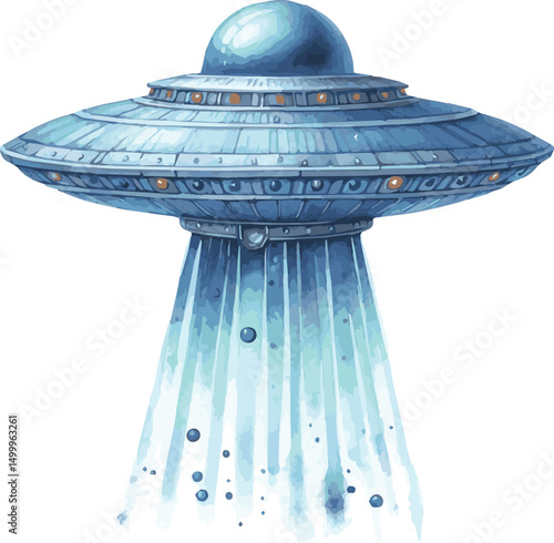 Vector watercolor painted illustration of a cute childish UFO