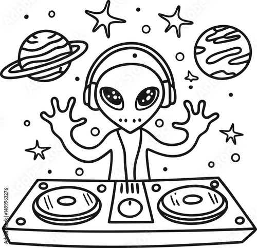 alien dj in space, galactic party with planets and stars extraterrestrial music artist mixing beats