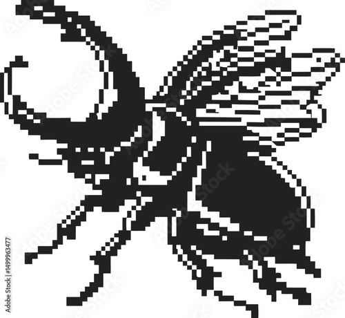 Pixel art beetle illustration retro black and white insect with intricate details, digital design