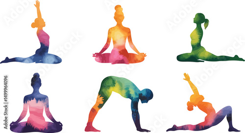 Watercolor silhouettes of diverse yoga poses representing wellness and mindfulness for health.