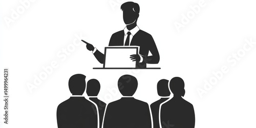 Training, presentation, meeting, speaker, people, communication, education, business concept in black and white vector illustration showing office training session  