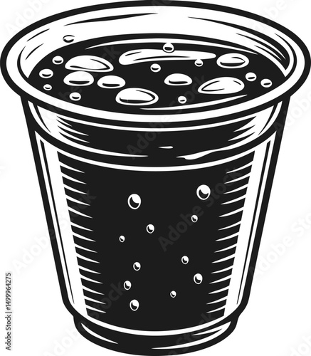 monochrome illustration of a plastic cup filled with carbonated beverage vintage soda drink with bubbles