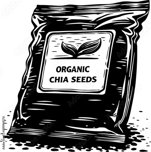 organic chia seeds illustration black and white packaged superfood with leaves symbol health and nutrition