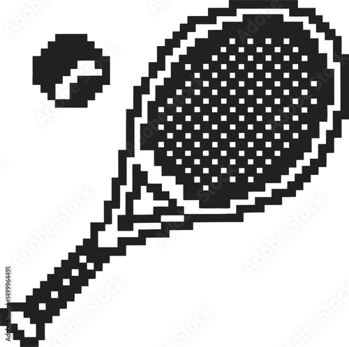 Pixelated tennis racket and ball icon in retro black and white graphic