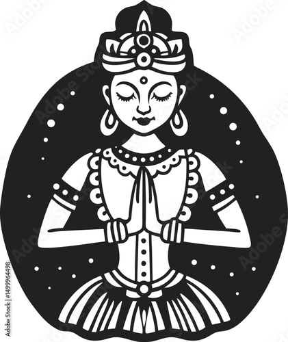 traditional indian dancer illustration graceful cultural art, namaste gesture, ornate attire and jewelry