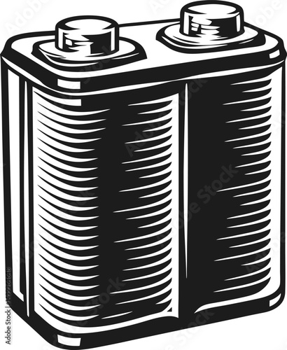Vintage battery sketch black and white retro power illustration, industrial design concept
