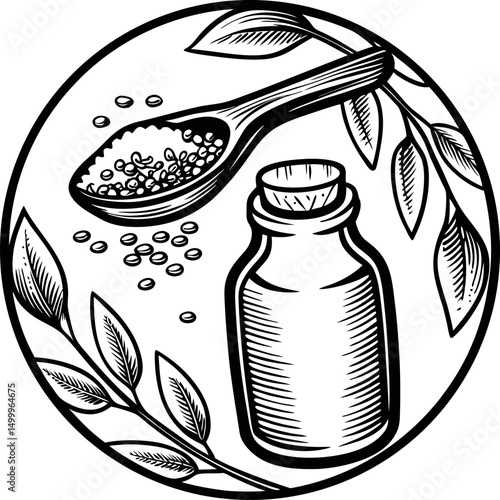 herbal medicine concept spoon with seeds, medicinal bottle, and leaves nature and health, organic remedy illustration