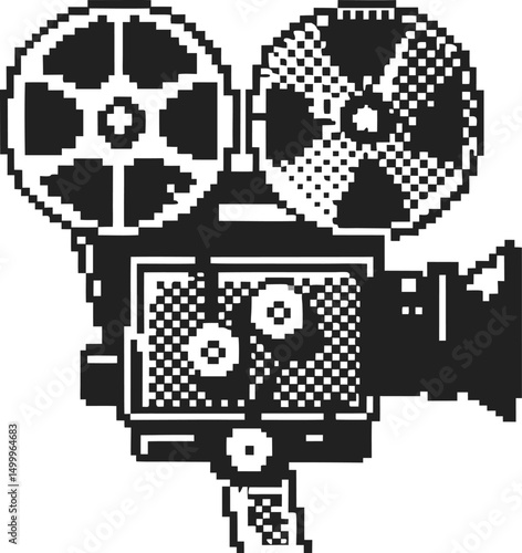 retro pixel art film camera, black and white design vintage cinema, movie equipment illustration