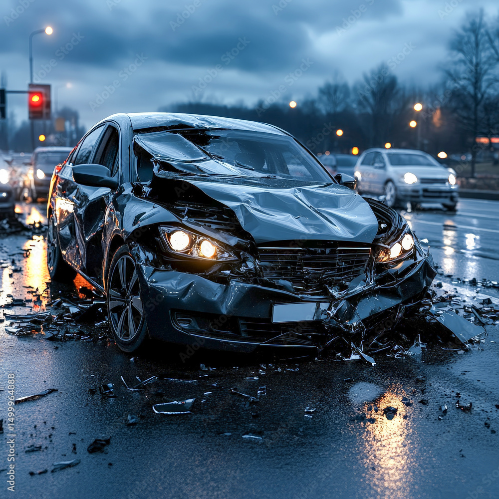 Serious night-time car crash with damaged vehicle and debris on road Serious night-time car crash with damaged vehicle and debris on road
