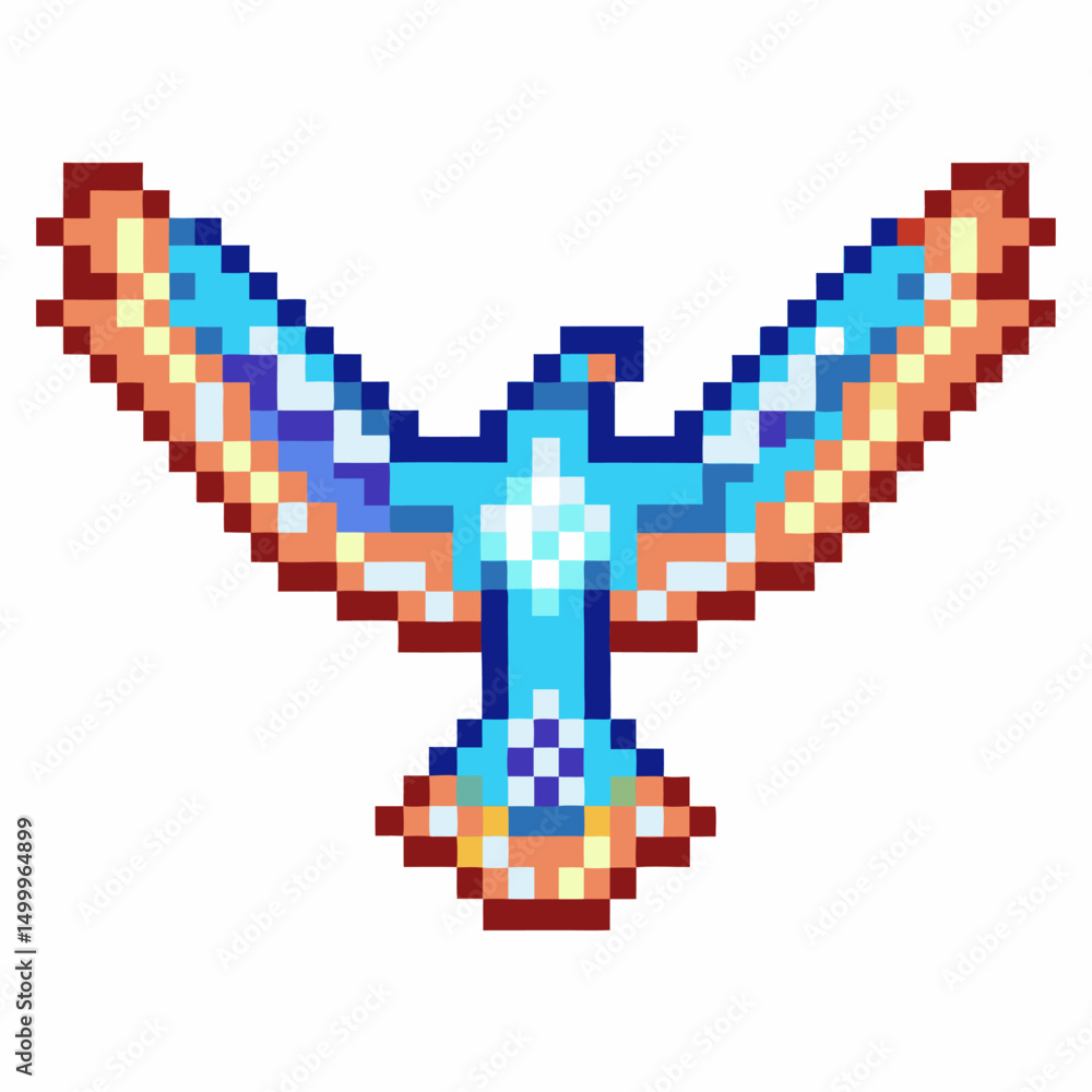 Fototapeta premium Pixel art eagle with open wings in vibrant blue and orange hues retro gaming and digital art