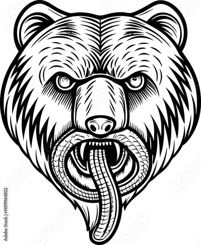 bear with snake tongue, detailed illustration monochrome animal fusion art, intricate wildlife symbolism