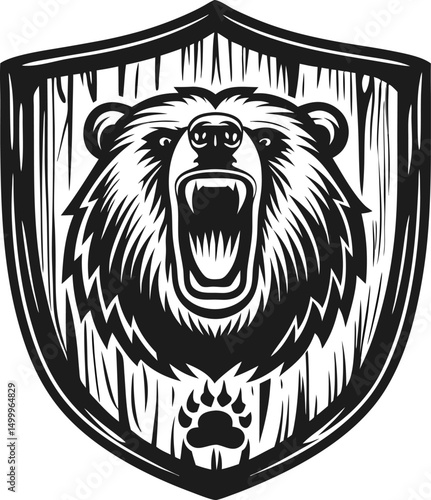 fierce bear emblem black and white roaring bear illustration on shield, symbolizing strength and protection