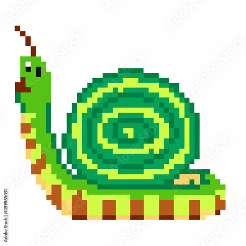 pixel art green snail with spiral shell retro game style, vibrant colors, minimalist animal design