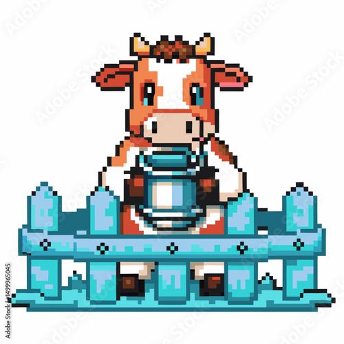 Pixel art cow with milk can behind blue fence charming farm animal in nostalgic retro design