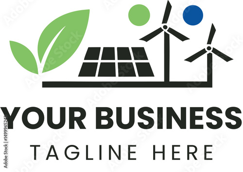 Clean Energy Landscape Logo - Renewable Power Sources with Solar Panels, Wind Turbines and Green Leaves - Sustainable Energy Company Symbol