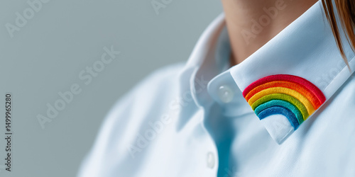 Model Wearing Formal White Shirt with Geometric Rainbow Design on the Collar. Gender Neutral, Long Hair, Smart Casual Outfit, Equality Diversity at Work, Empowerment, Awareness, Solidarity, Freedom