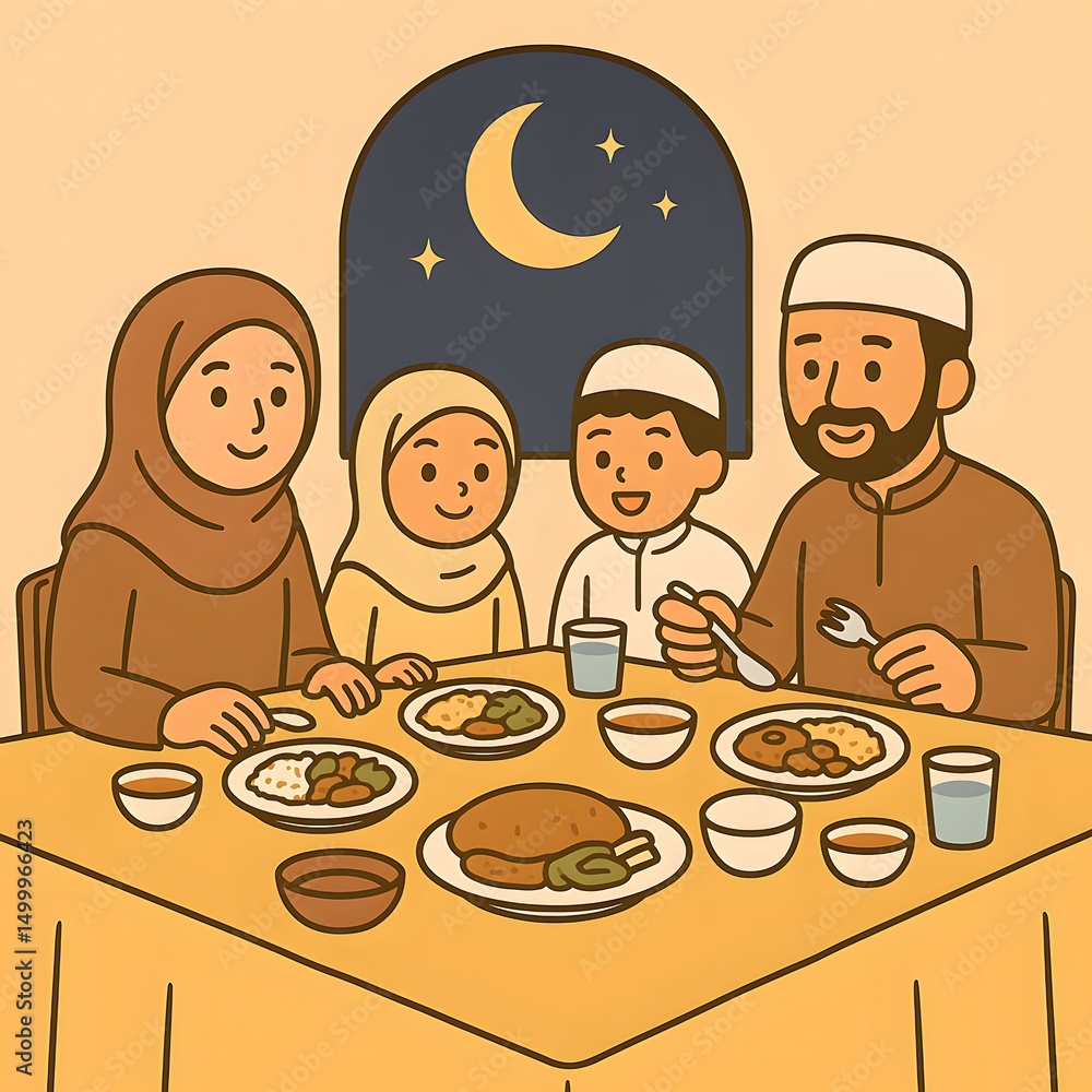 A joyful cartoon illustration of a family, including a mother, father, boy, and girl, happily eating dinner at a table A joyful cartoon illustration of a family, including a mother, father, boy, and girl, happily eating dinner at a table