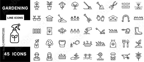 Gardening Line Icons Set – Tools, Plants, Seeds, Watering, Lawn Care, Landscaping, Greenhouse, Gardeners, Nature, Outdoor Maintenance, Horticulture Pack