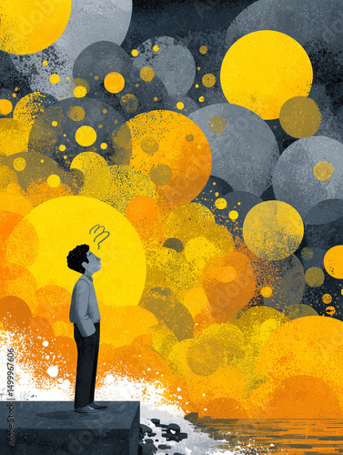 Businessman looking up at abstract shapes representing anxiety and stress