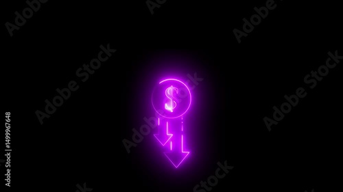 down purple and purple arrow isolated on transparent coin, concept, cost, crisis, currency, cut, debt, decline black background.. 