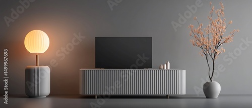 Modern minimalist living room with a flat-screen TV on a fluted cabinet, a table lamp, and a decorative branch in a vase