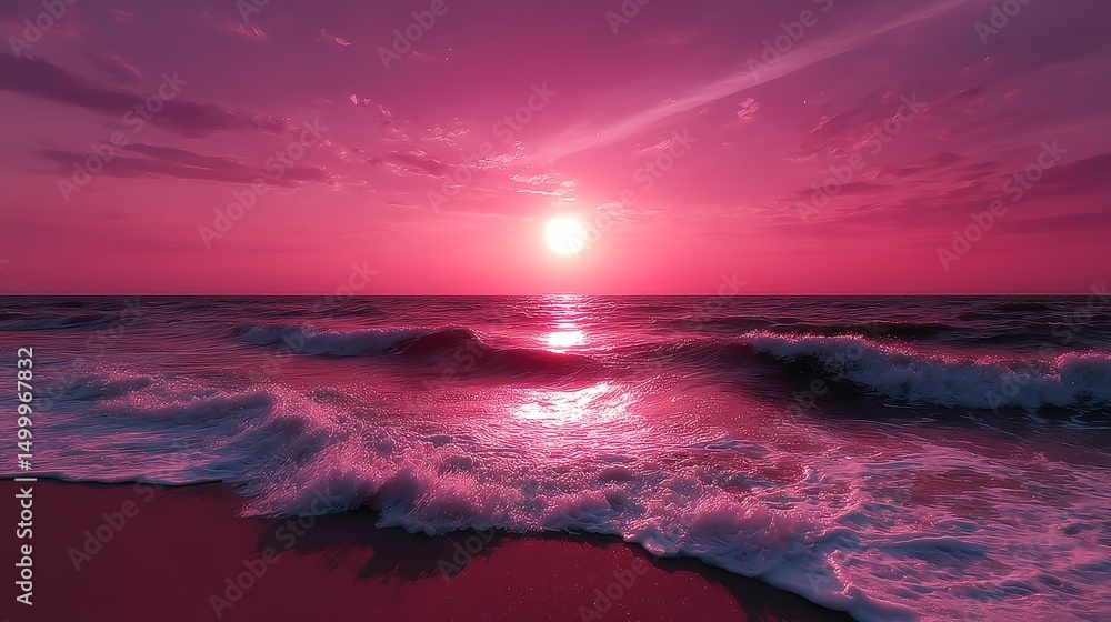 Fototapeta premium Pink Sunset Over Ocean Waves - Serene pink sunset scene over calm ocean waves gently lapping on a sandy beach. Tranquil and peaceful