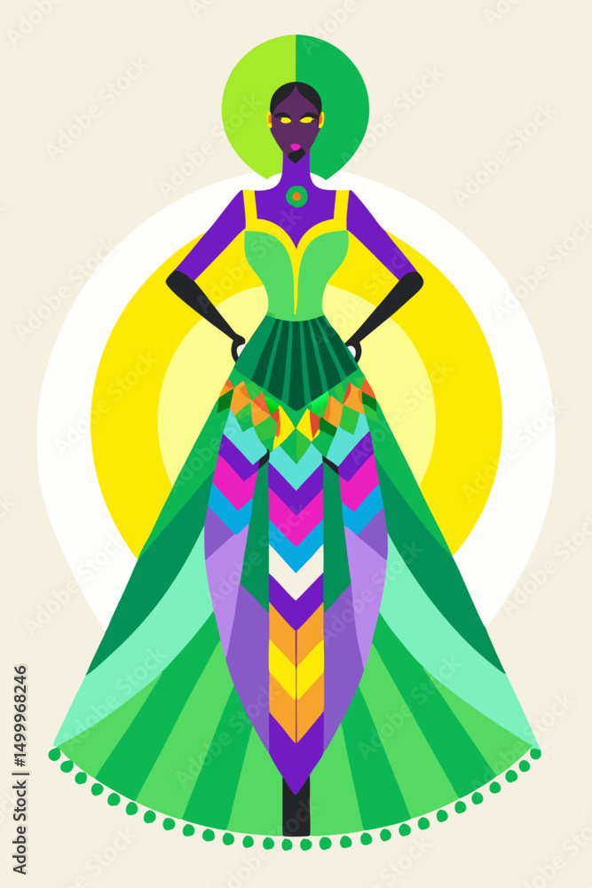 Abstract female figure in vibrant dress with geometric patterns Abstract female figure in vibrant dress with geometric patterns