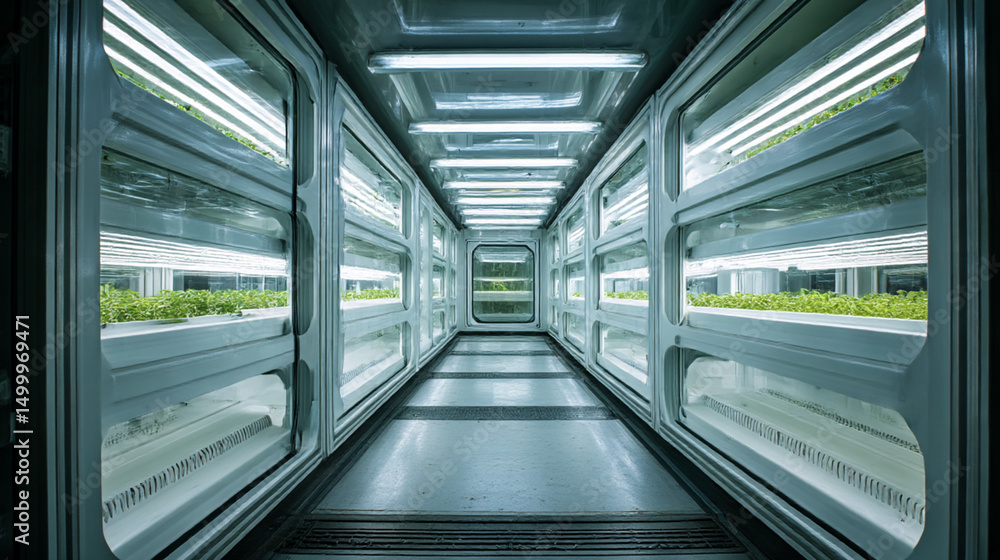 Interior view of a vertical farm with rows of plants under artificial lighting in a controlled environment Interior view of a vertical farm with rows of plants under artificial lighting in a controlled environment