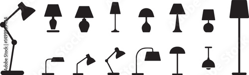 Lamp icon set – modern, desk, and table lamp silhouettes in various designs