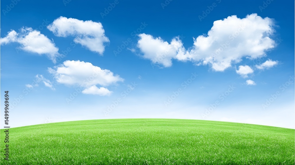 Fototapeta premium Serene Green Field Under Blue Sky - Picturesque landscape of a gently rolling green field under a bright blue sky with fluffy white clouds. Perfect for nature, travel, and environmental themes