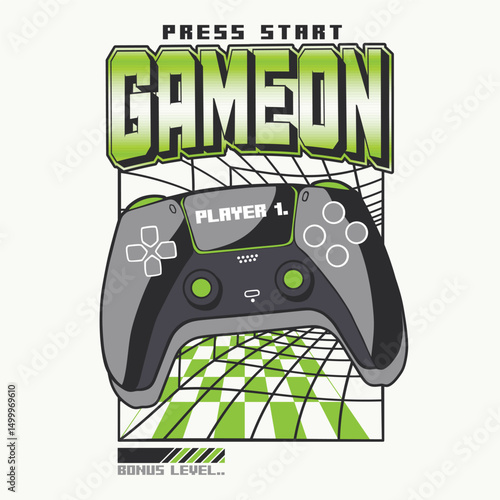 Retro gaming controller joystick with Game On typography neon green futuristic design for t-shirt. Vector illustration of a game pad joystick for print and web