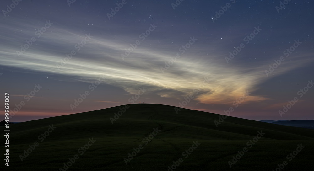 Obraz premium Noctilucent Clouds Over a Green Hill