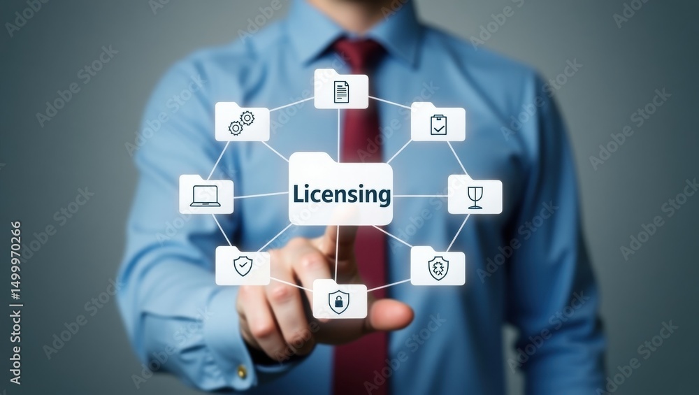 A man's finger touches a digital licensing network. A man's finger touches a digital licensing network.