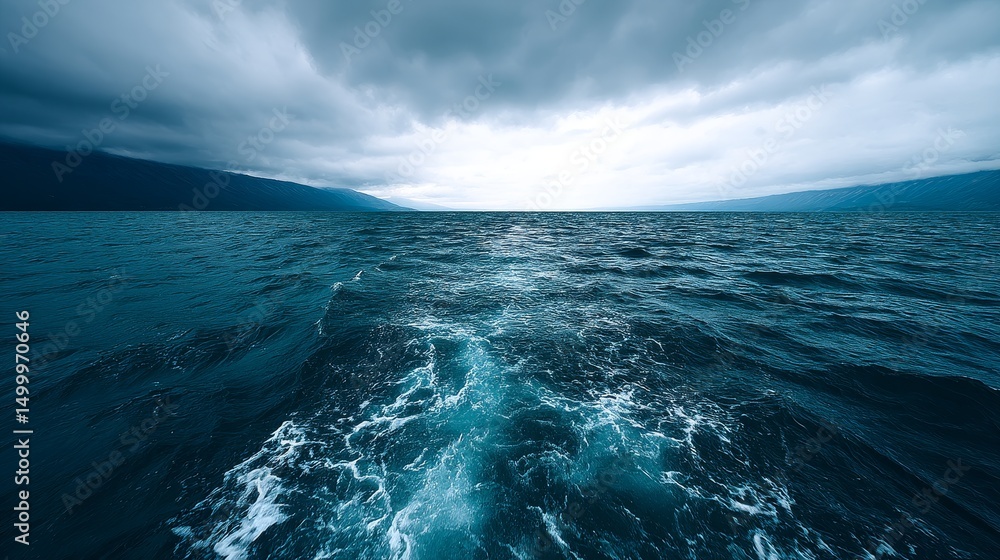 Fototapeta premium Serene Ocean View Under Dark Clouds - A tranquil ocean scene under a dramatic, dark sky. The water is deep blue, with a wake trailing behind