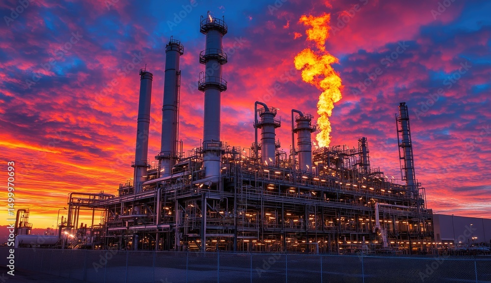 Fototapeta premium Industrial plant at sunset with fiery plume